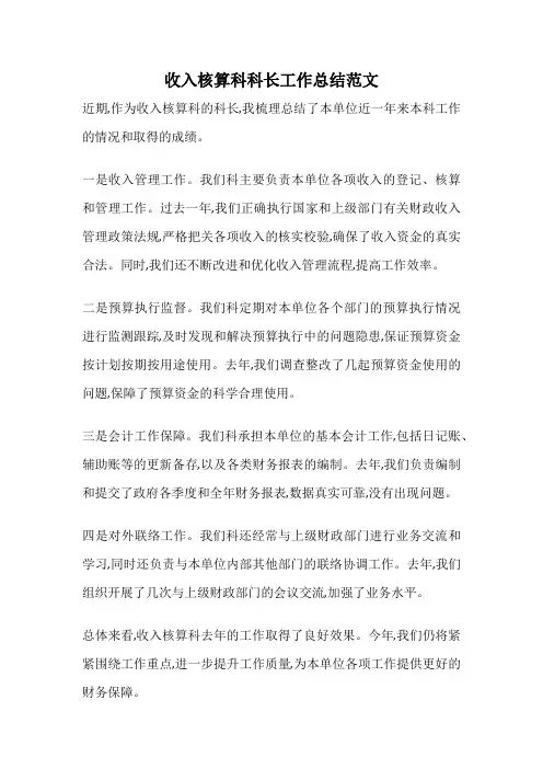 收入核算科科长工作总结范文