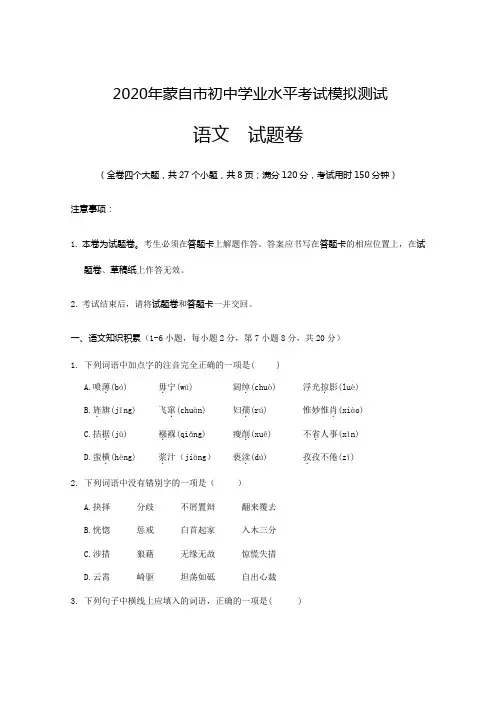 云南省蒙自市2020年中考模拟测试语文试卷(含答案)
