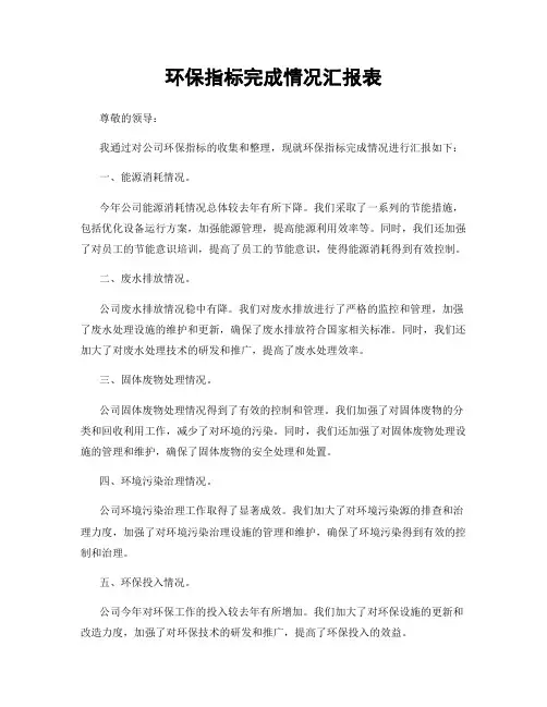 环保指标完成情况汇报表