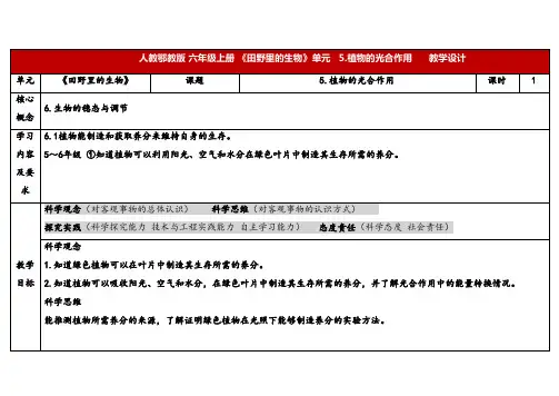 2024年人教鄂教版六年级科学上册 5.植物的光合作用(教案)