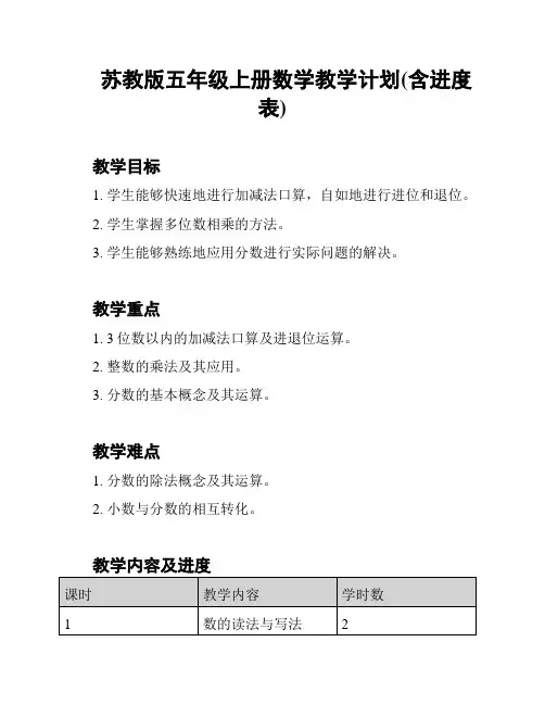 苏教版五年级上册数学教学计划(含进度表)