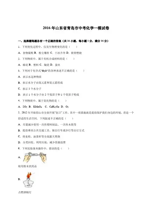 山东省青岛市2016届中考化学一模试卷(解析版)