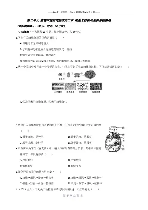 七年级生物上册第二单元第二章《细胞怎样构成生物体》检测题(含详解)(人教版)