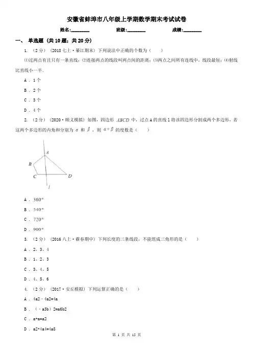 安徽省蚌埠市八年级上学期数学期末考试试卷