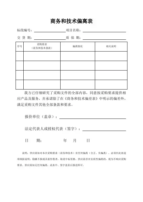 商务和技术偏离表