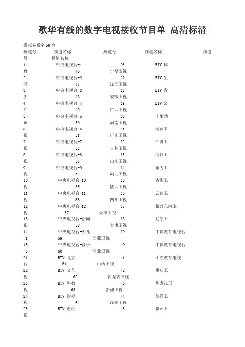 歌华有线的数字电视接收节目单 高清标清