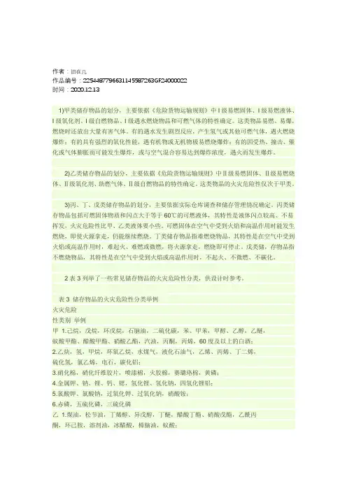 2020年火灾危险性类别