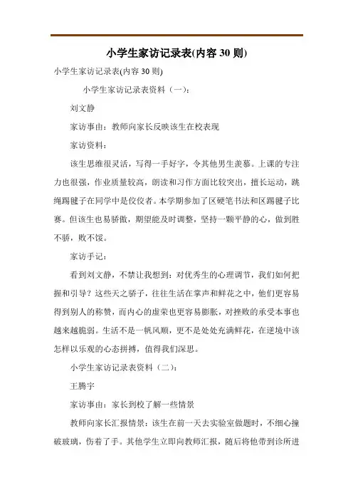小学生家访记录表(内容30则)