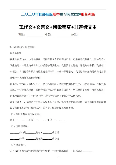 部编版语文六年级上册期中阅读理解组合训练现代文+文言文+诗歌鉴赏+非连续文本 (独家)