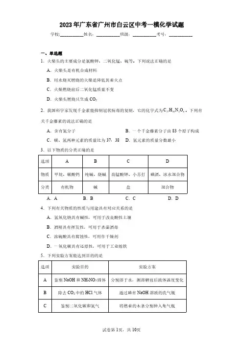 2023年广东省广州市白云区中考一模化学试题(含答案解析)