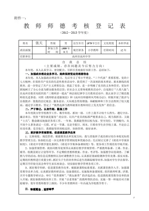 师德师风考核登记表