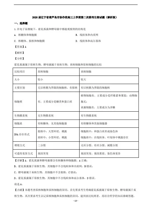 2020届辽宁省葫芦岛市协作校高三上学期第二次联考生物试题(解析版)
