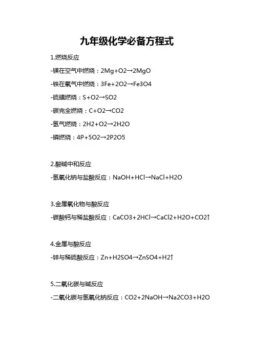 九年级化学必备方程式
