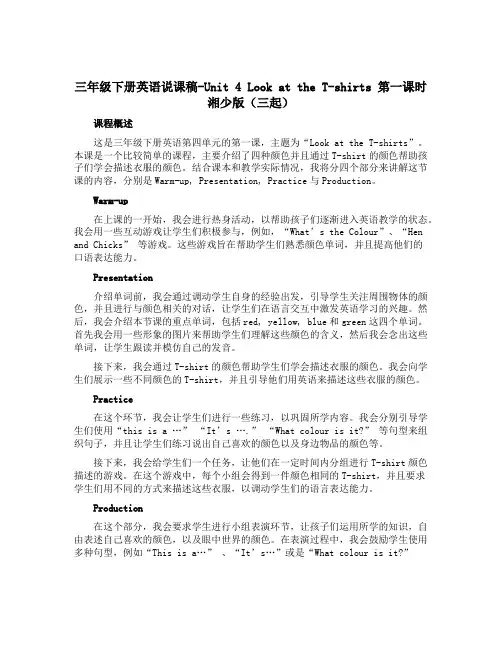 三年级下册英语说课稿-Unit 4 Look at the T-shirts 第一课时 湘少版(三起