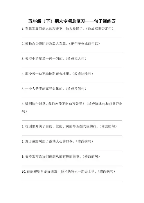 五年级语文下册  期末句子训练专项训练(四)(含答案)(部编版)