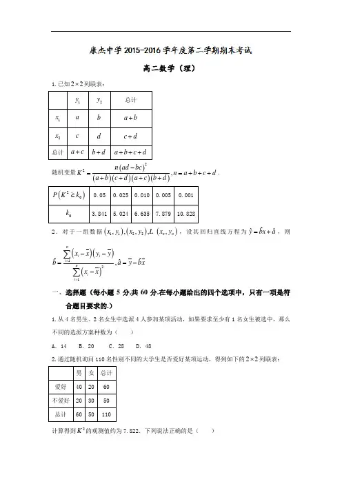 【期末试卷】山西省2015-2016学年高二下学期期末考试数学(理)试题 Word版含答案