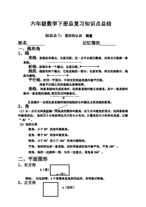小学六年级数学总复习知识点总结知识点平面图形的认识