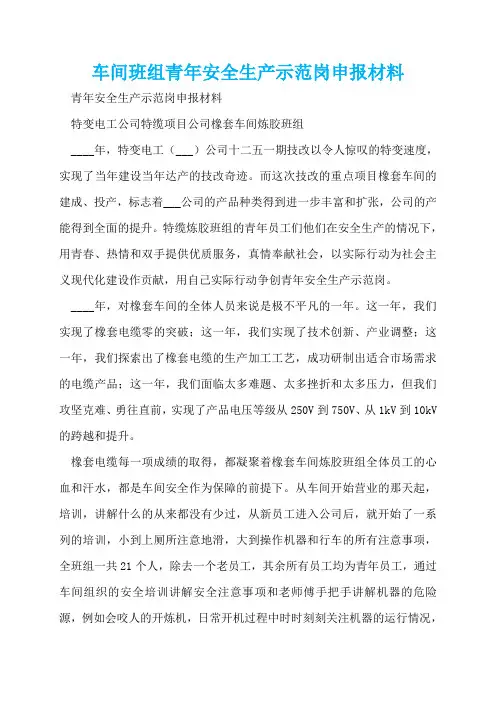 车间班组青年安全生产示范岗申报材料  