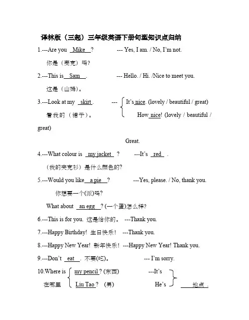 译林版(三起)三年级英语下册句型知识点归纳
