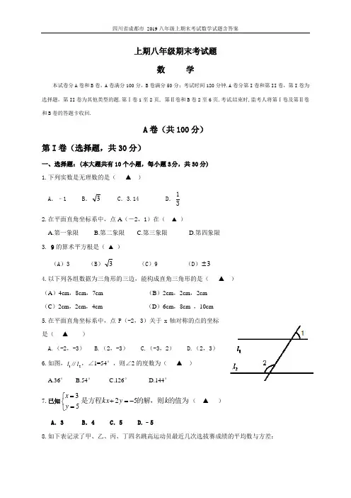 四川省成都市 2019八年级上期末考试数学试题含答案