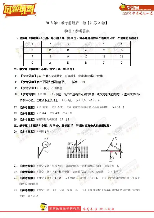【试题猜想】中考考前最后一卷 物理(江苏南京A卷)(参考答案)