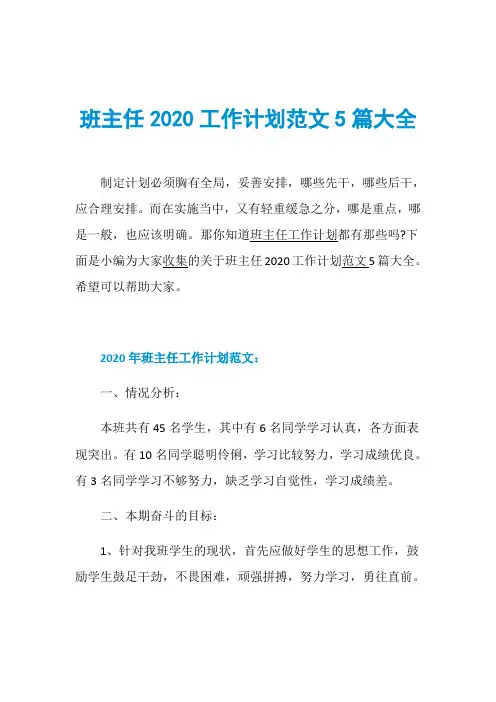 班主任2020工作计划范文5篇大全