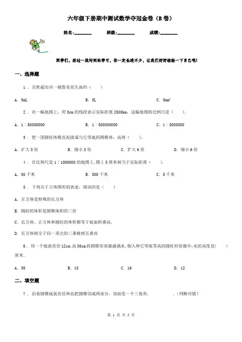 六年级下册期中测试数学夺冠金卷(B卷)