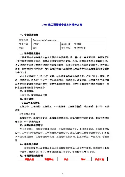 2019级工程管理专业本科培养方案
