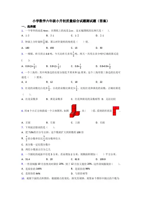 小学数学六年级小升初质量综合试题测试题(答案)