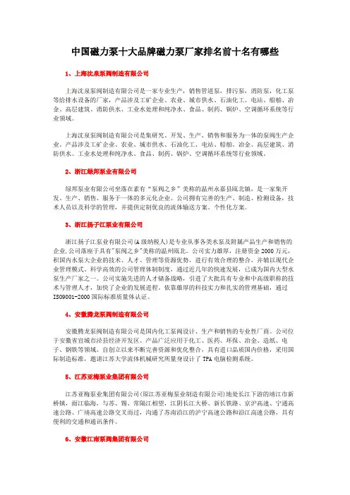 中国磁力泵十大品牌磁力泵厂家排名前十名有哪些