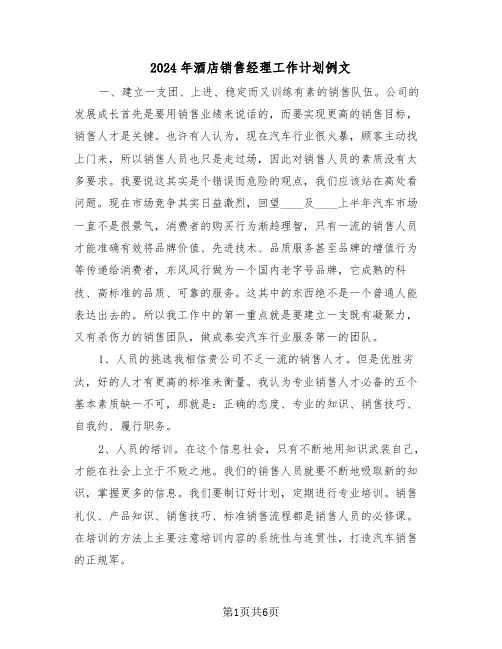 2024年酒店销售经理工作计划例文（3篇）