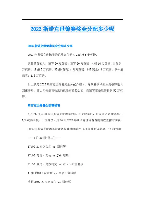 2023斯诺克世锦赛奖金分配多少呢