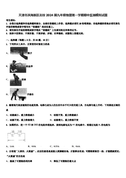 天津市滨海新区名校2024届九年级物理第一学期期中监测模拟试题含解析
