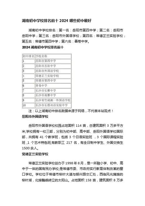 湖南初中学校排名前十2024哪些初中最好