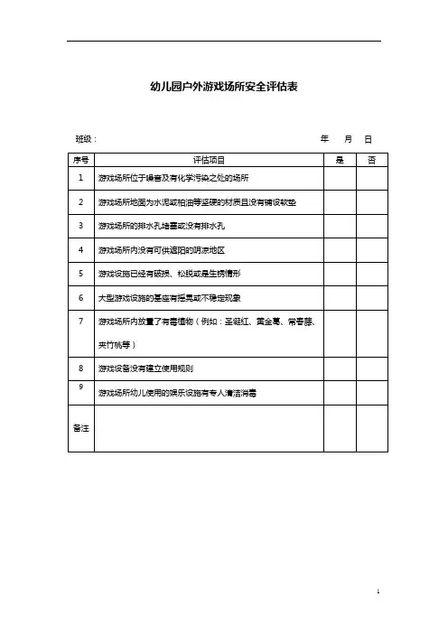幼儿园户外游戏场所安全评估表