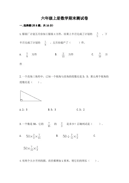 六年级上册数学期末测试卷附完整答案(全优)
