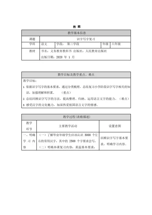 部编版小学语文六年级下册复习教案(全套)