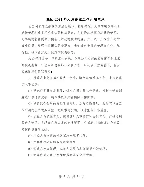 集团2024年人力资源工作计划范本(六篇)