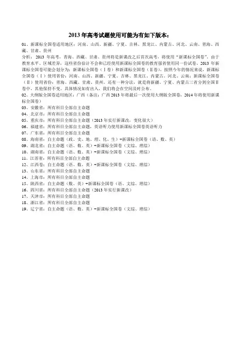 2013年高考各地考卷版本变化汇总