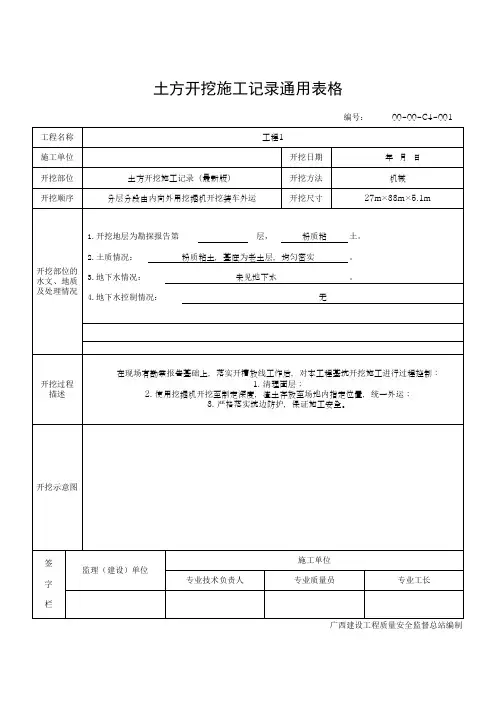 土方开挖施工记录通用表格