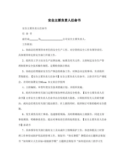 安全主要负责人任命书