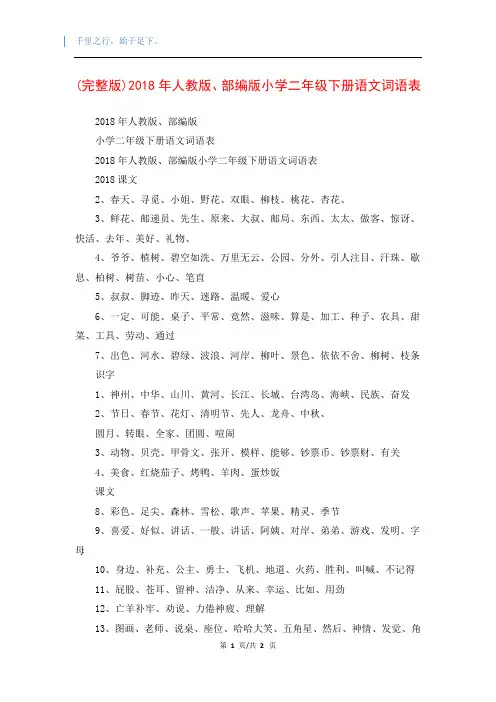 (完整版)2018年人教版、部编版小学二年级下册语文词语表