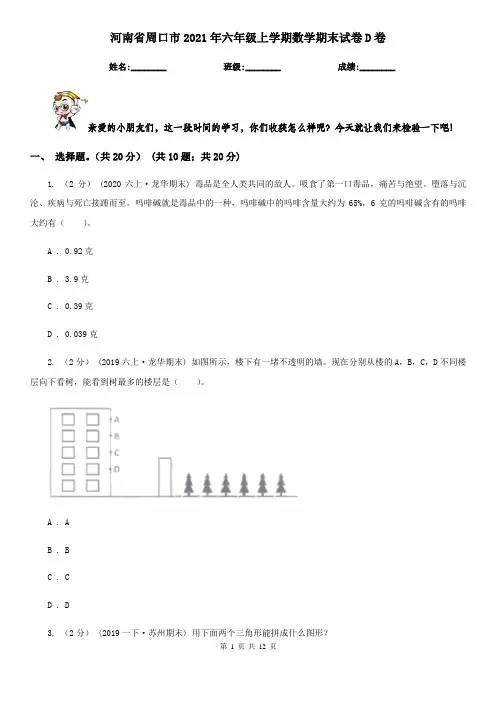 河南省周口市2021年六年级上学期数学期末试卷D卷