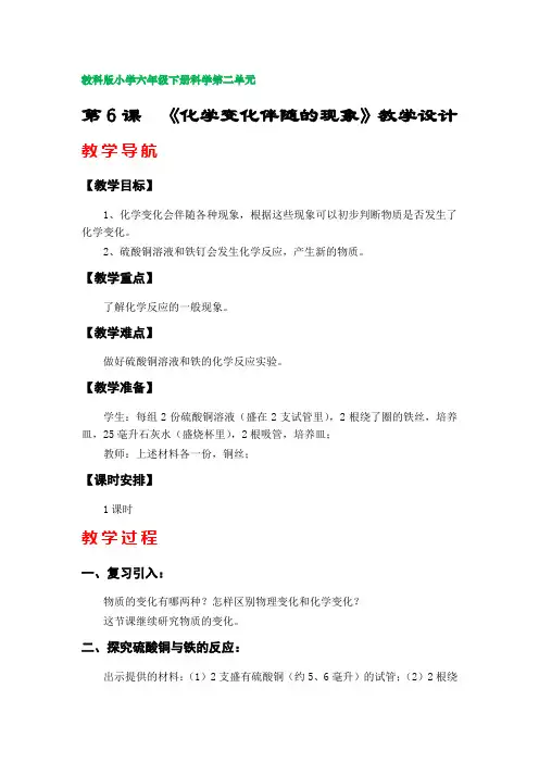 第6课《化学变化伴随的现象》教学设计(教科版小学六年级科学下册第二单元)