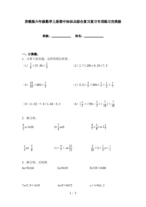 苏教版六年级数学上册期中知识点综合复习复习专项练习完美版