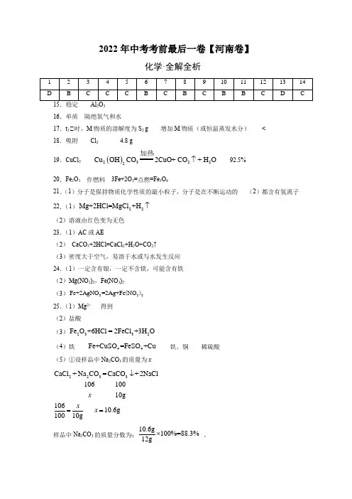 2022年中考化学考前最后一卷(河南卷)(参考答案)