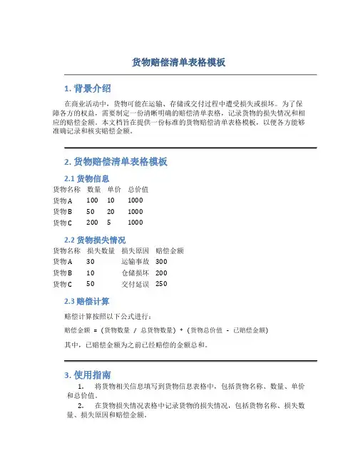 货物赔偿清单表格模板