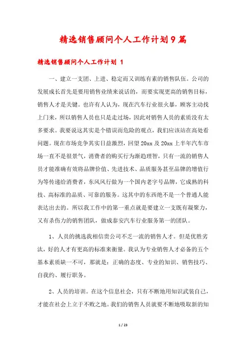 精选销售顾问个人工作计划9篇