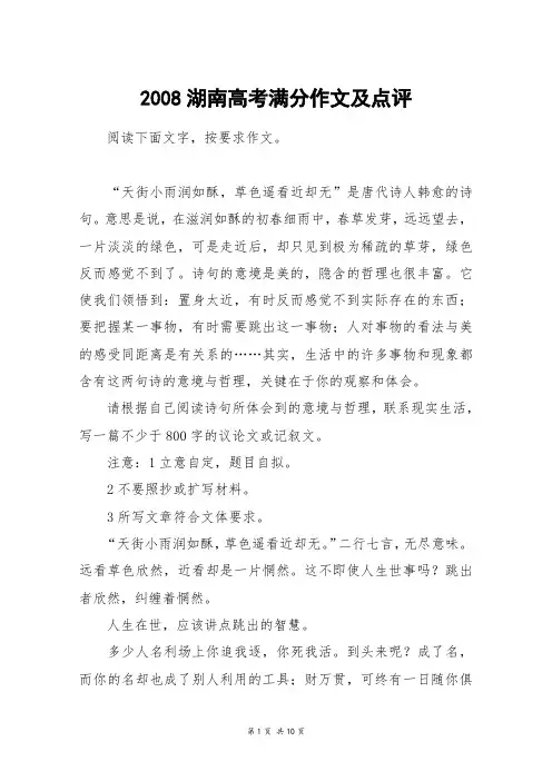 2008湖南高考满分作文及点评_高考作文