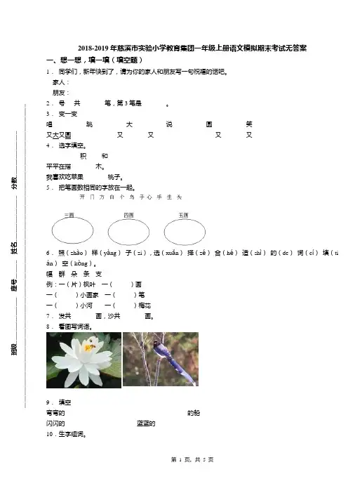 2018-2019年慈溪市实验小学教育集团一年级上册语文模拟期末考试无答案